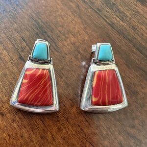 VTG Earrings 1" Faux‎ Red Orange Marble Turquoise Boho 925 Sterling Silver 7.3g